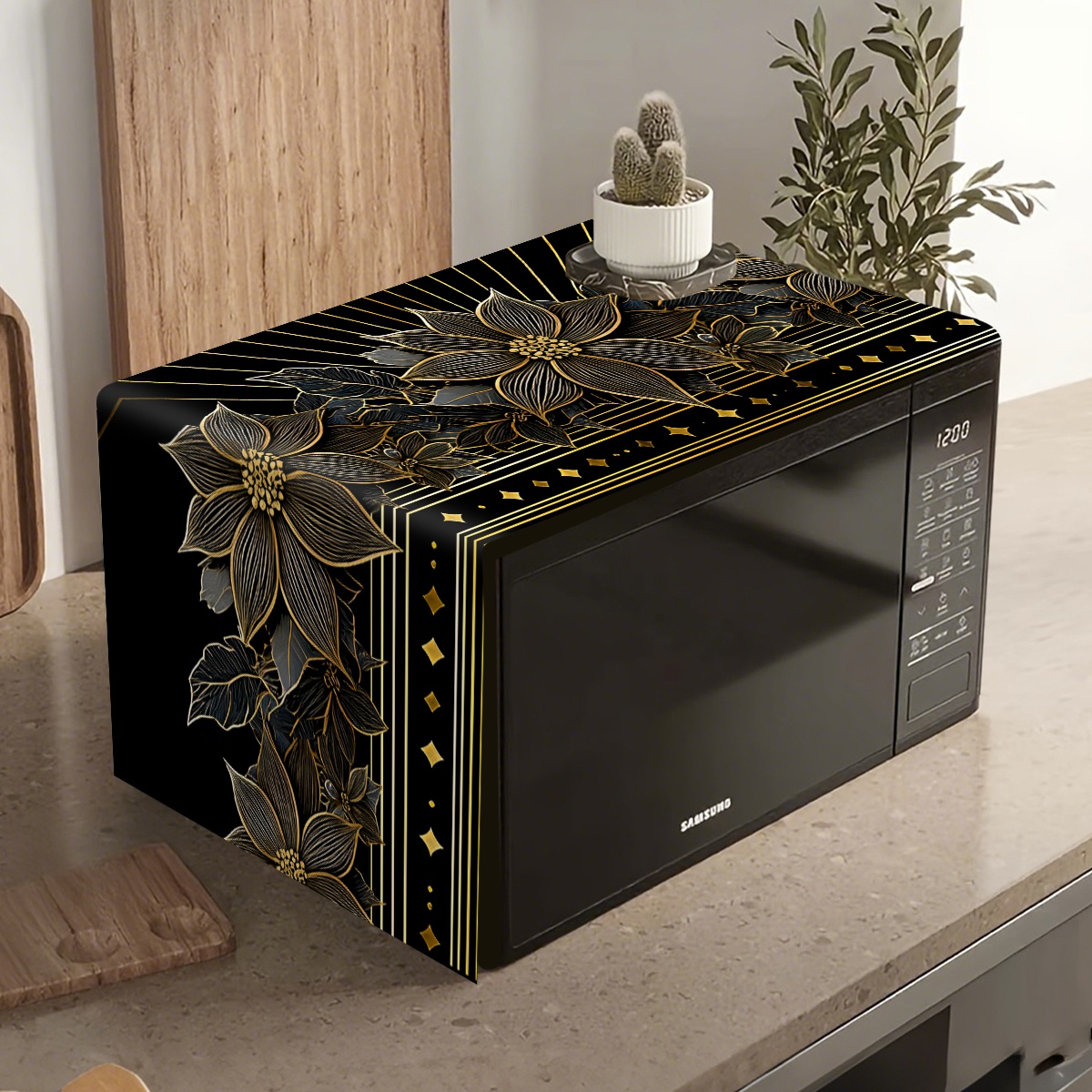 Kitchen Appliances Luxury - Luxuriöse schwarz-goldene Blumen-Mikrowellen-Staubschutzhülle, 35 x 85